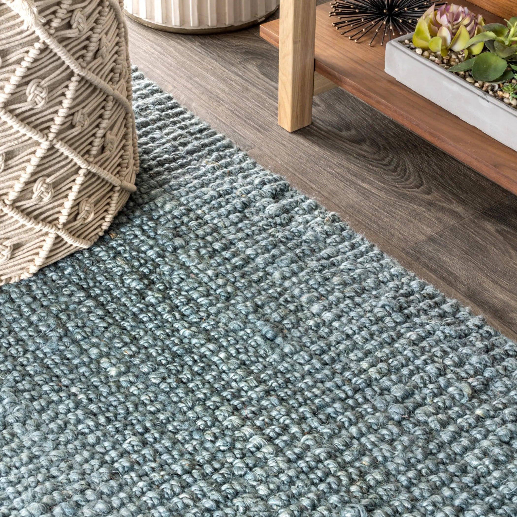 18′ Light Blue Jute Handmade Runner Rug With Fringe — view 4