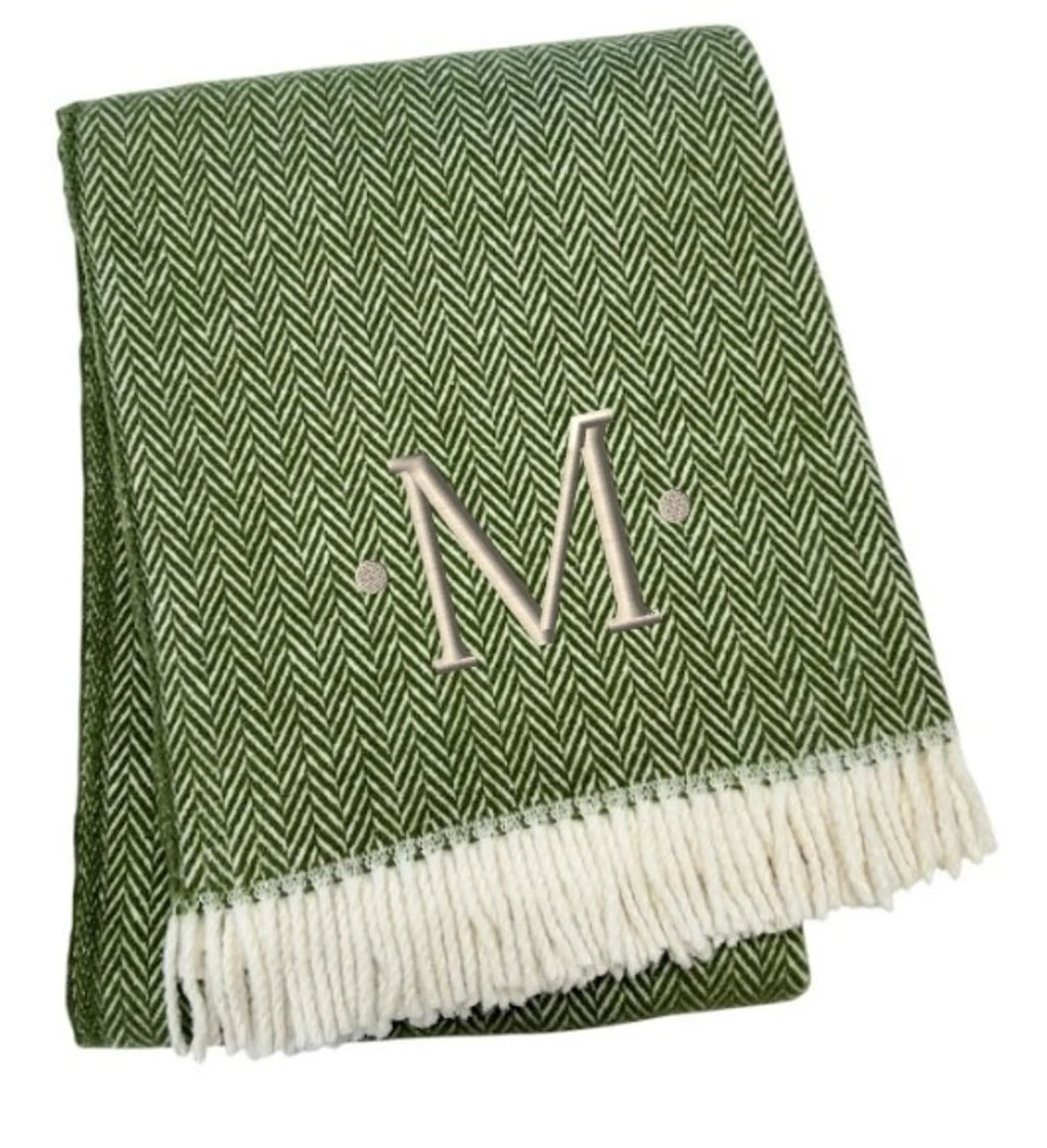 Herringbone Cotton Blend M Initial Throw Blanket with Tassels And Embroidery — view 3