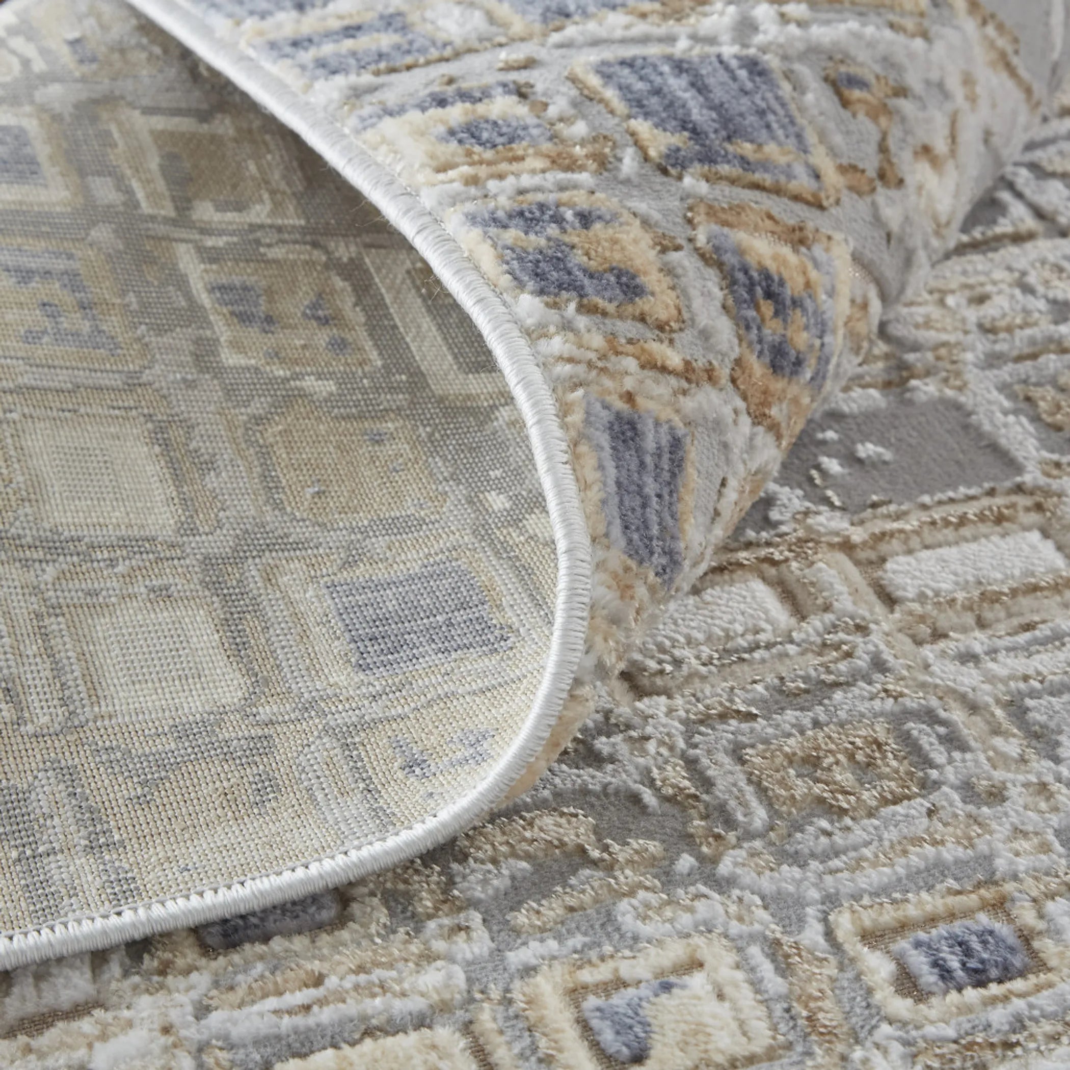 10′ Tan Ivory And Blue Geometric Power Loom Distressed Runner Rug — view 4