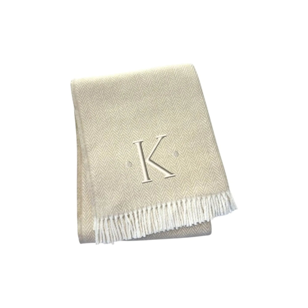 Herringbone Cotton Blend K Initial Throw Blanket with Tassels And Embroidery