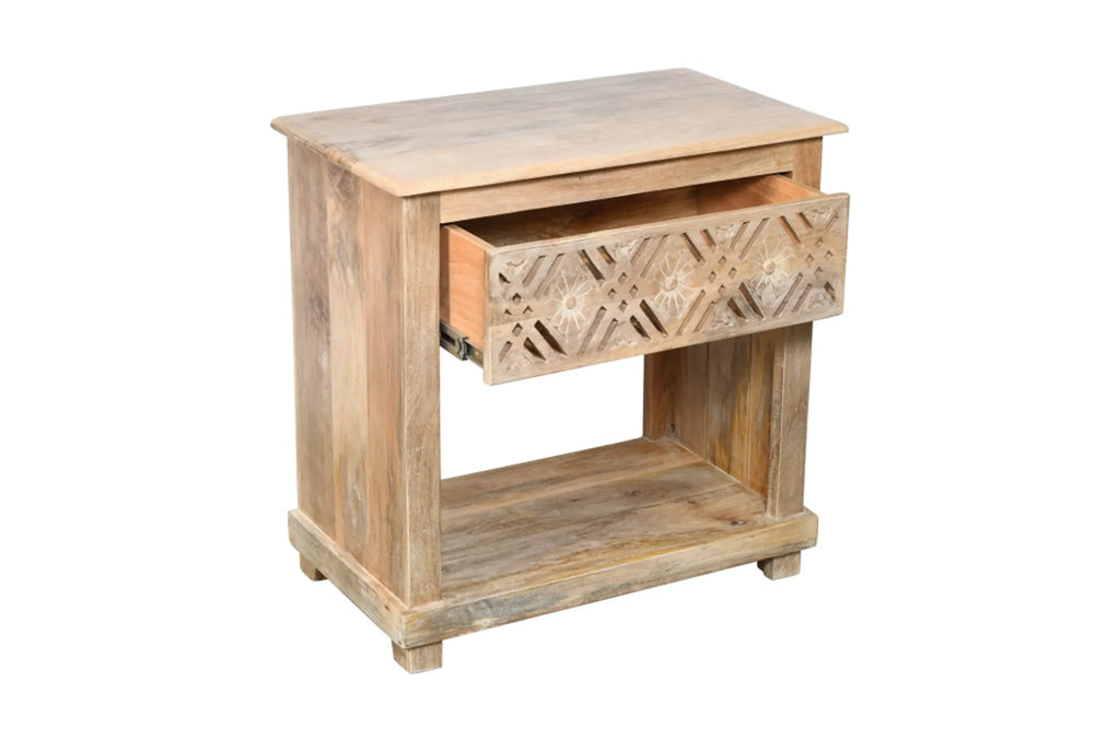28″ Natural Solid Wood Carved Geometric One Drawer Nightstand — view 3