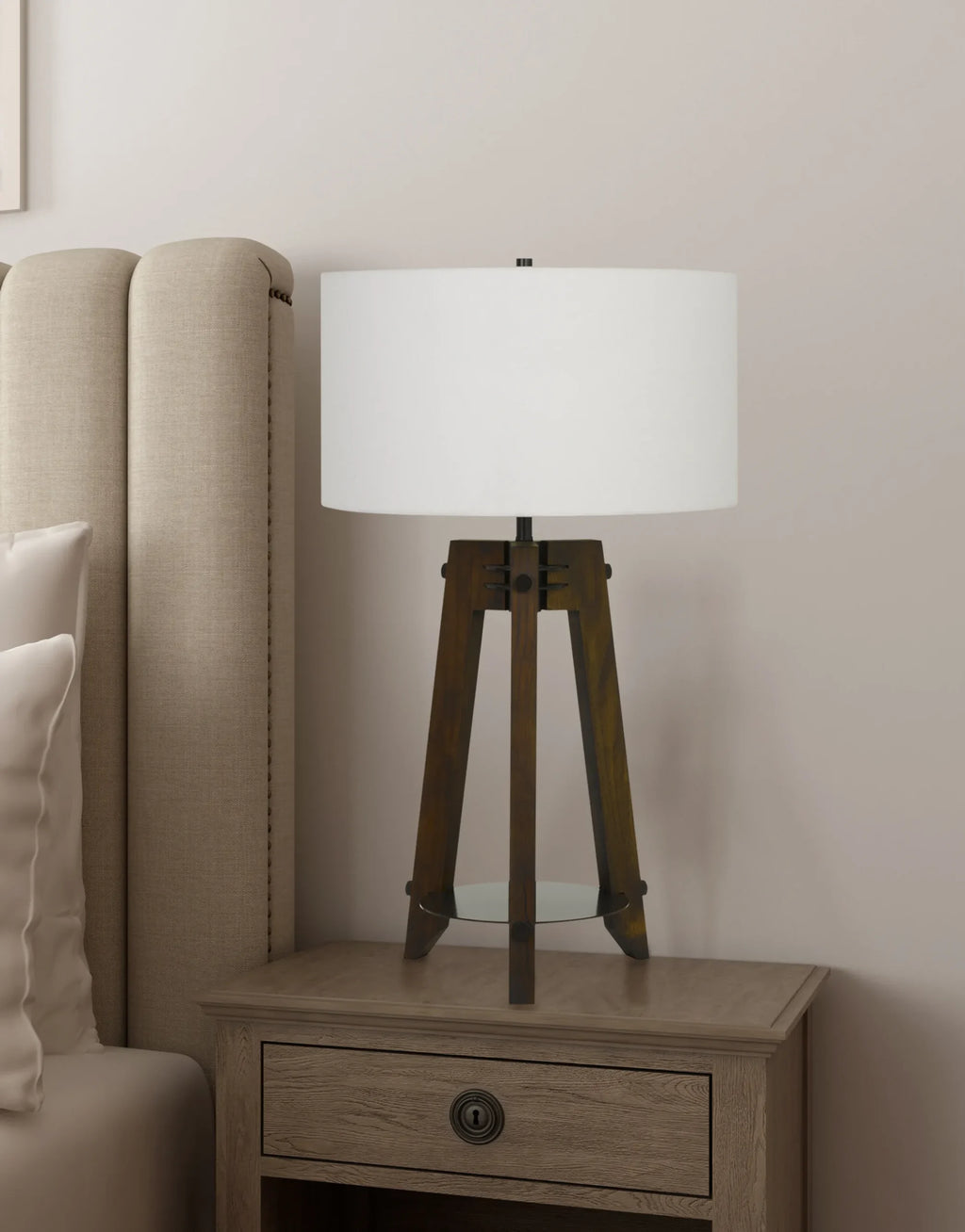 32″ Brown Metal Tripod Table Lamp With Off White Drum Shade — view 3
