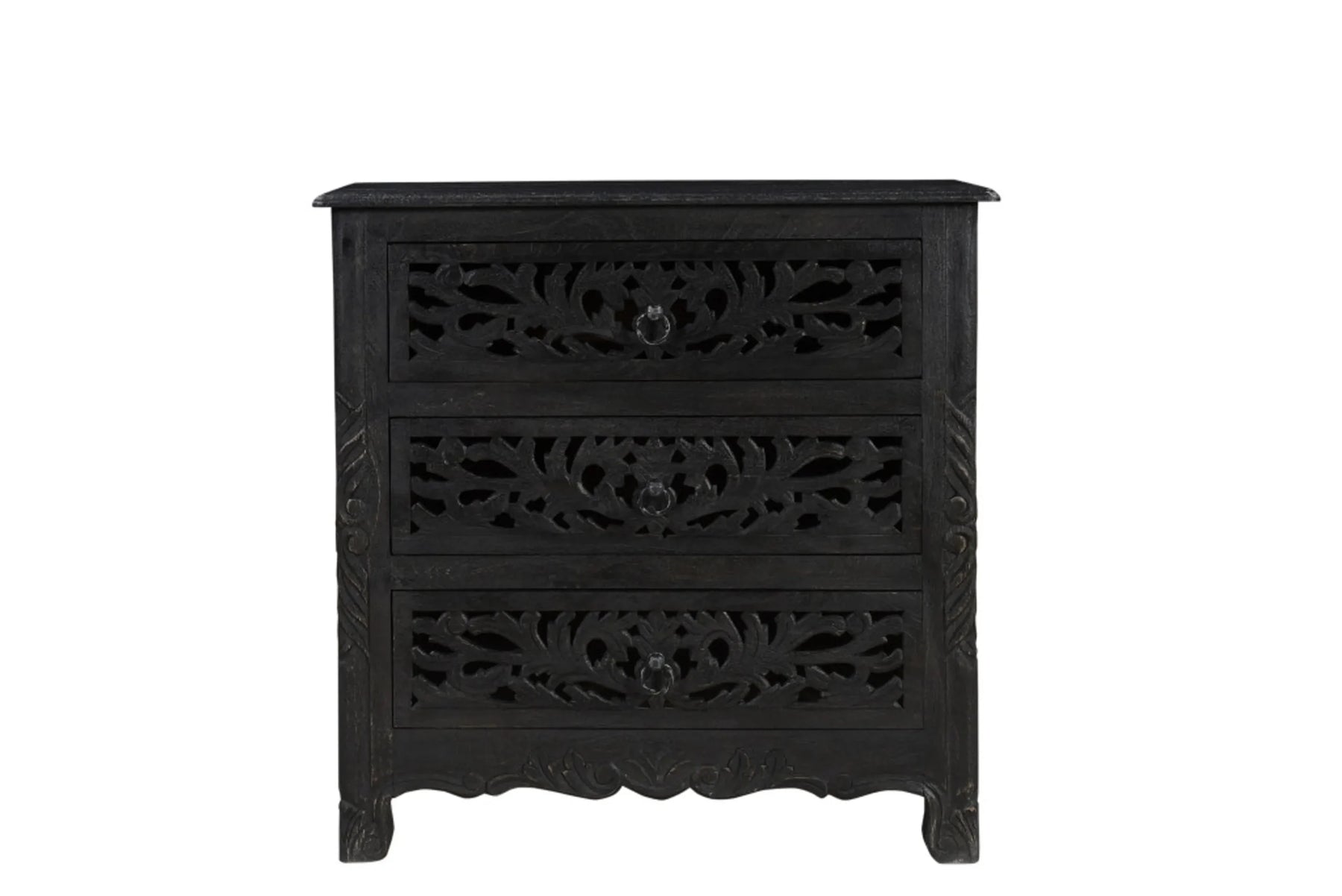 30″ Black Solid Wood Distressed Three Drawer Nightstand — view 2