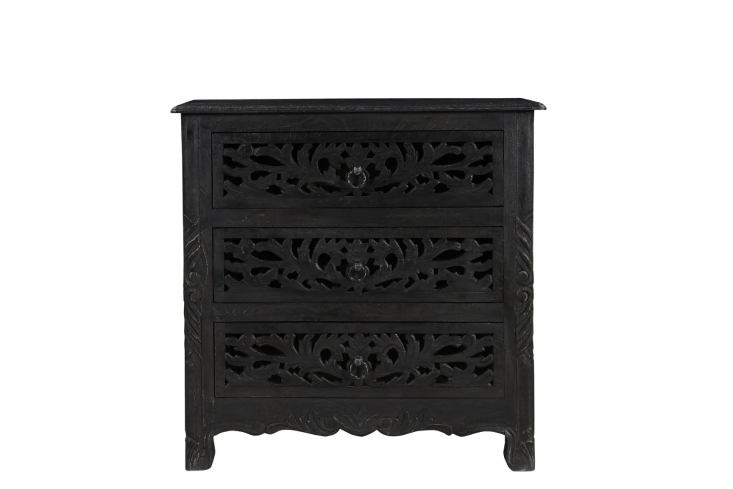 30″ Black Solid Wood Distressed Three Drawer Nightstand — view 2