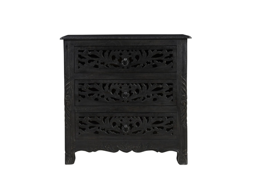30″ Black Solid Wood Distressed Three Drawer Nightstand — view 2