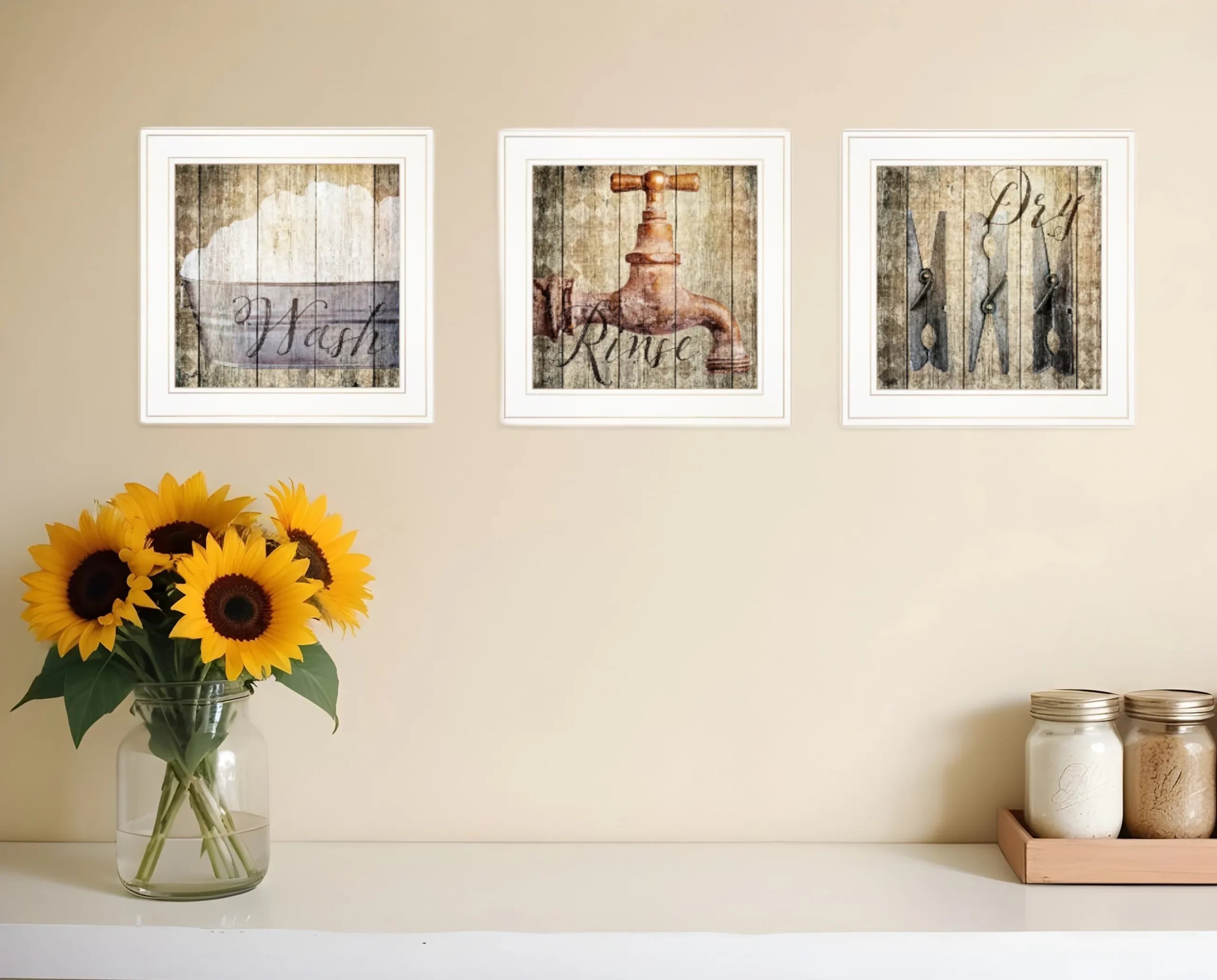 Set Of Three Wash 1 White Framed Print Bathroom Wall Art