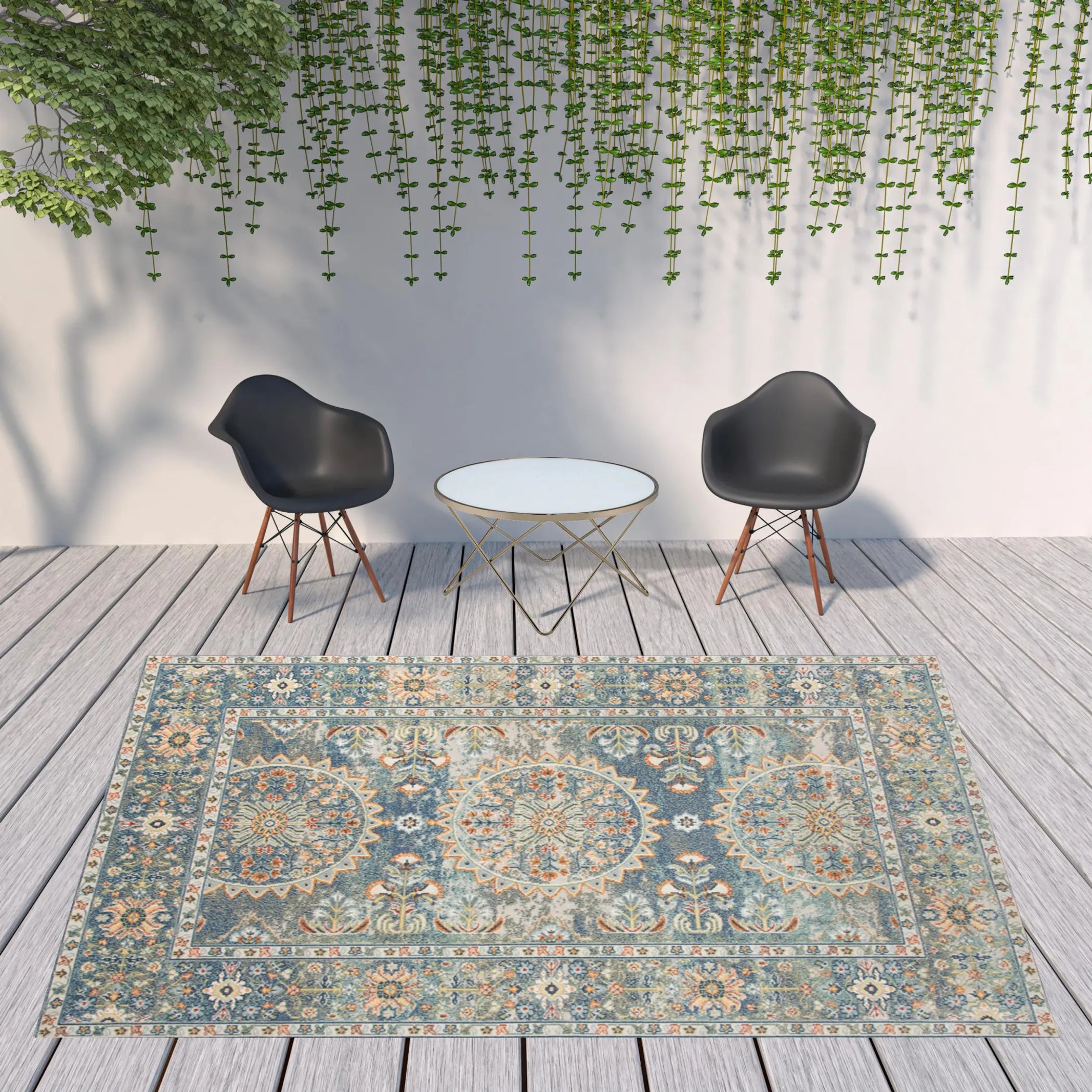 9′ X 12′ Blue and Orange Floral Medallion Stain Resistant Indoor Outdoor Area Rug — view 3