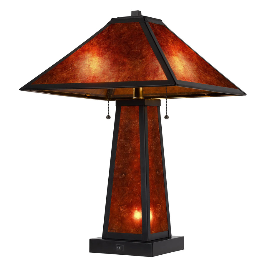 24″ Burnt Orange Metal Two Light Table Lamp With Amber Square Shade