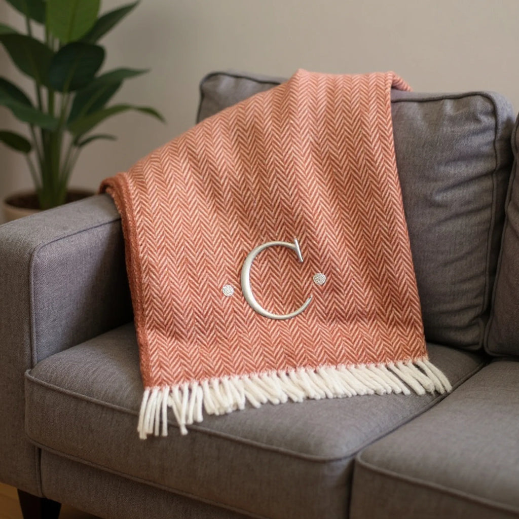 Herringbone Cotton Blend C Initial Throw Blanket with Tassels And Embroidery — view 2
