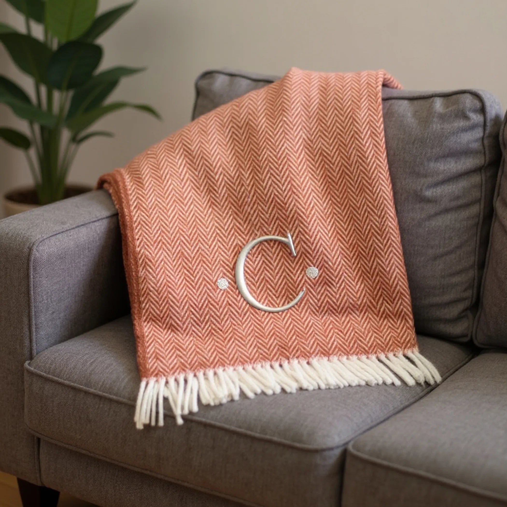 Herringbone Cotton Blend C Initial Throw Blanket with Tassels And Embroidery — view 2