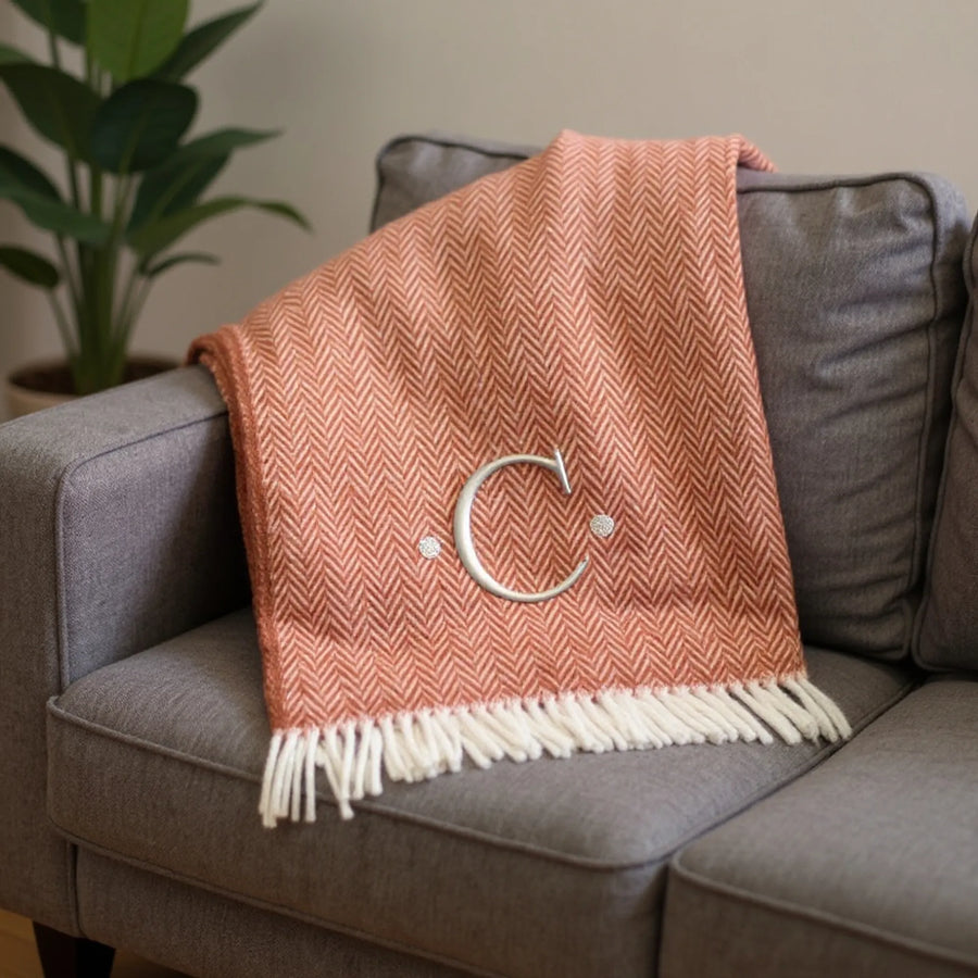 Herringbone Cotton Blend C Initial Throw Blanket with Tassels And Embroidery — view 2