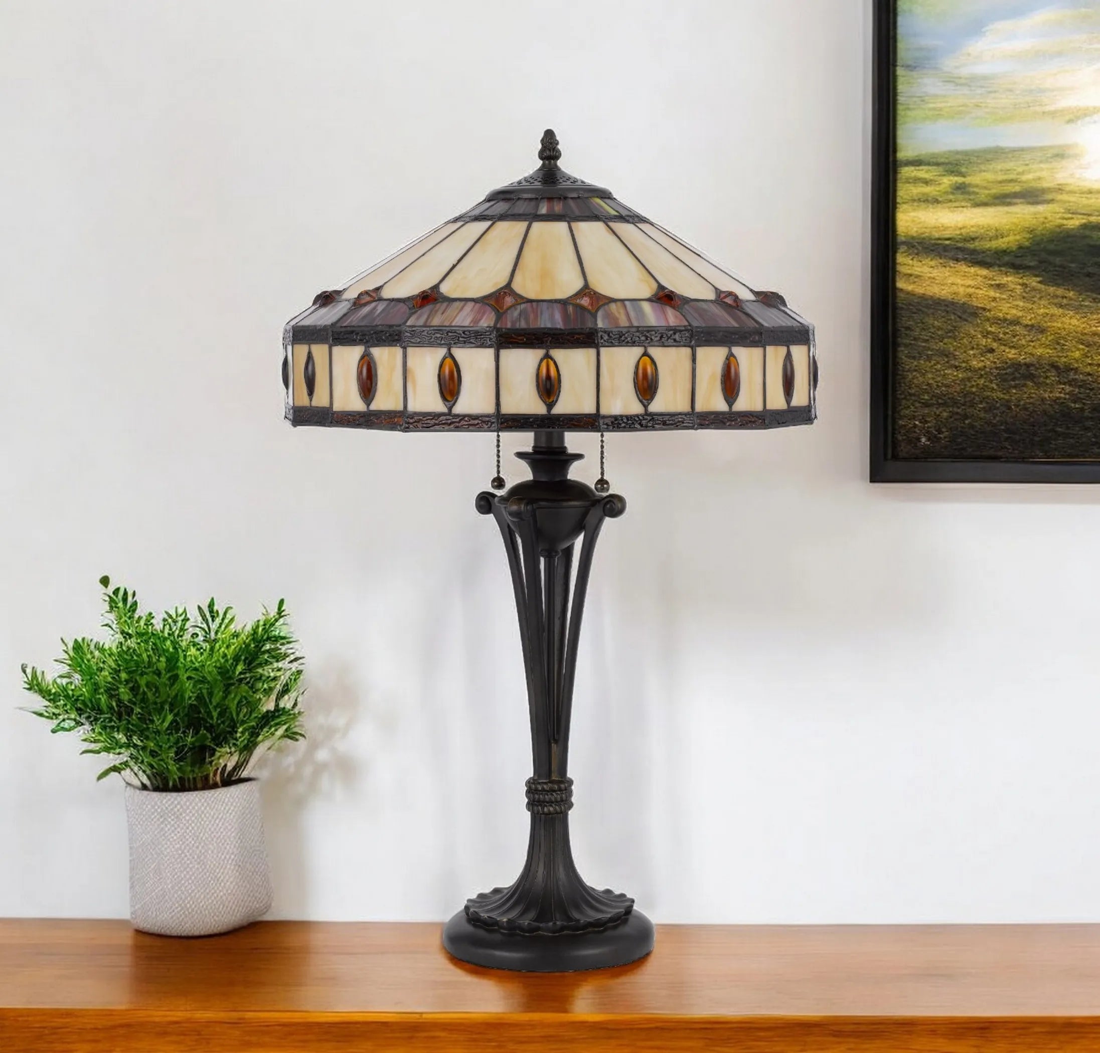 26″ Black Metal Two Light Candlestick Table Lamp With Ivory and Red Dome Shade