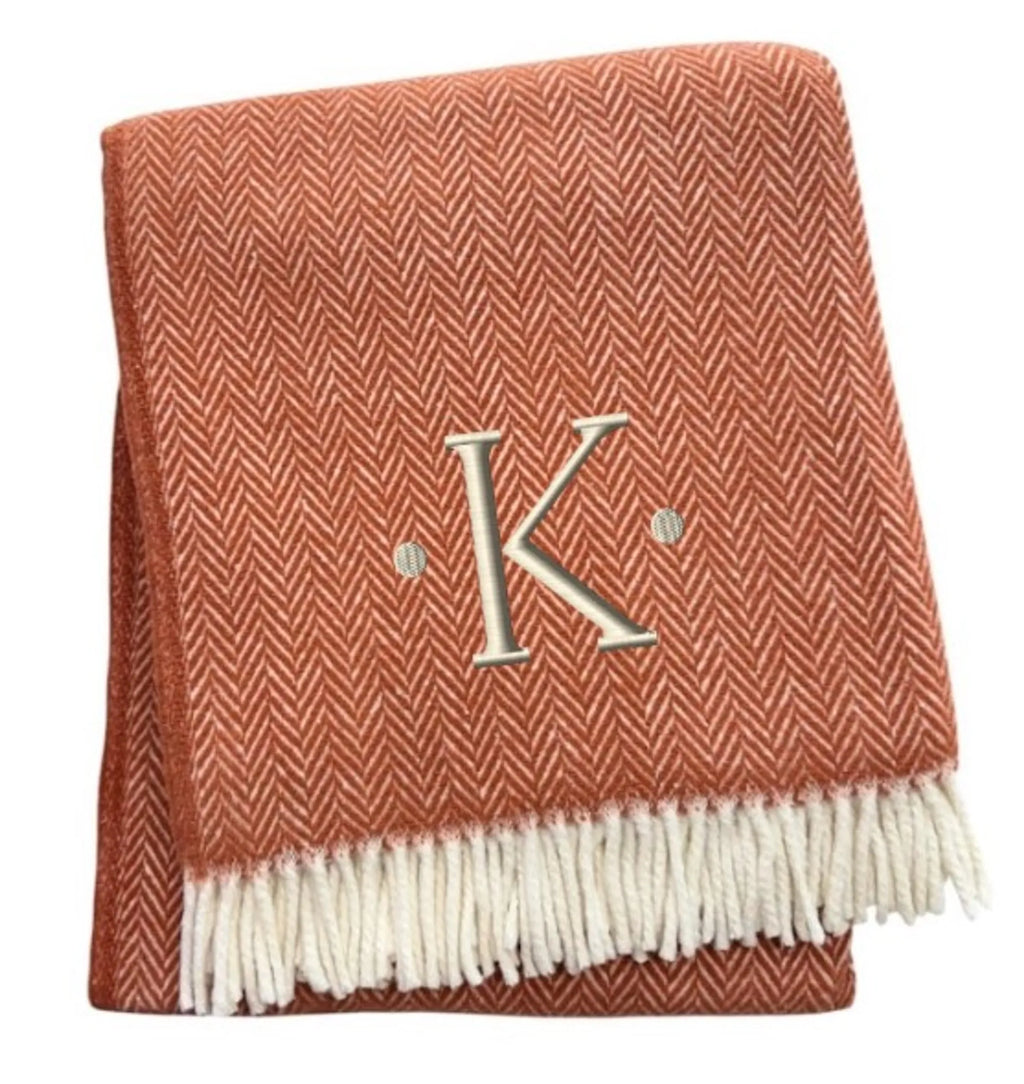 Herringbone Cotton Blend K Initial Throw Blanket with Tassels And Embroidery — view 3