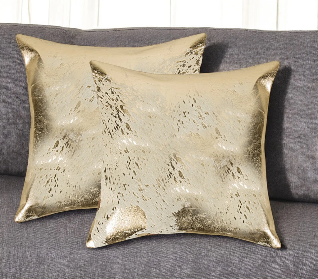 Set of Two 18″ Natural and Gold Abstract Cowhide Throw Pillows with Glitter