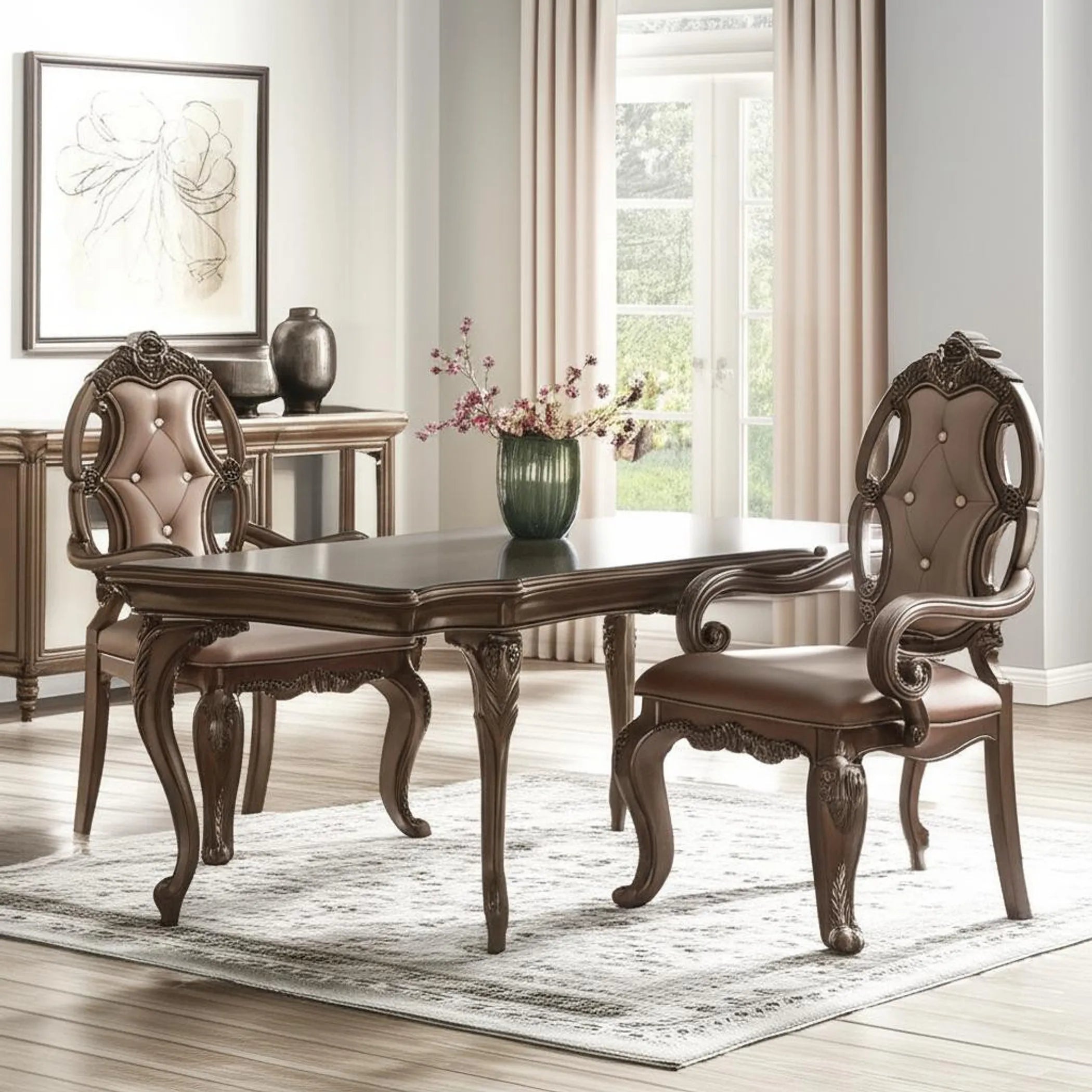Set of Two Upholstered Faux Leather And Solid Wood Dining Arm Chairs