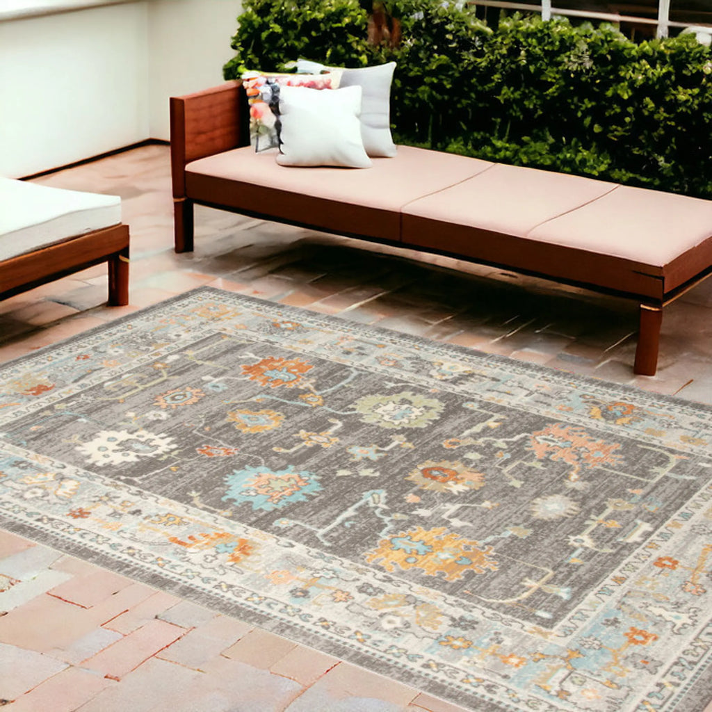 9′ X 12′ Gray and Orange Floral Stain Resistant Indoor Outdoor Area Rug