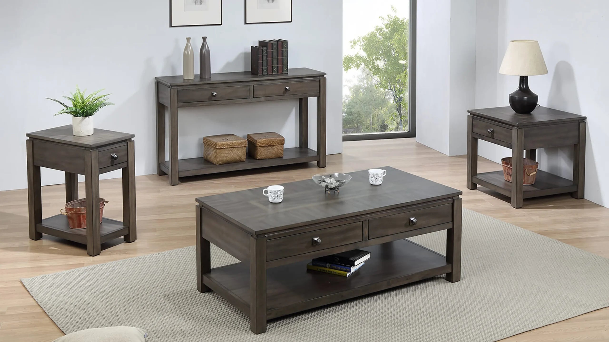 Sunset Trading Shades of Gray Sofa Console with Drawers and Shelf — view 2