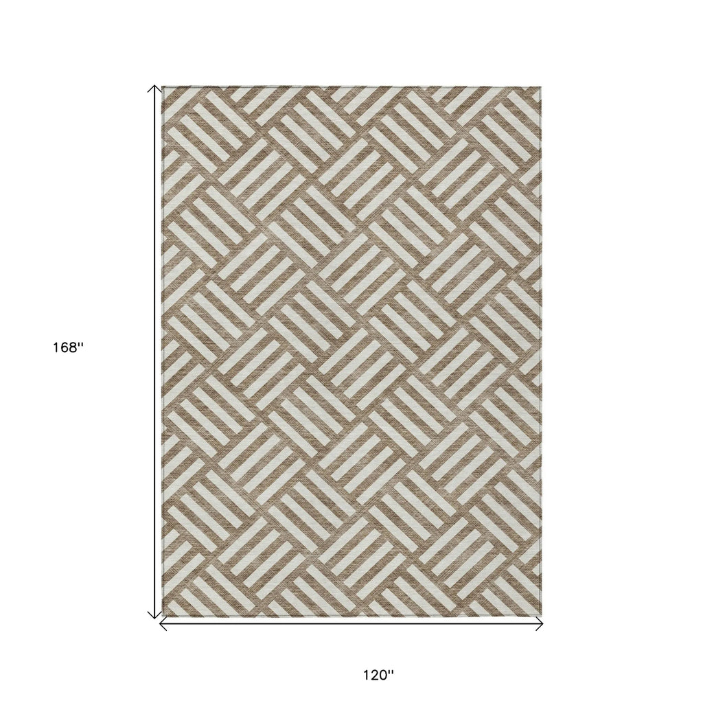 10′ X 14′ Brown And Ivory Geometric Washable Indoor Outdoor Area Rug — view 3