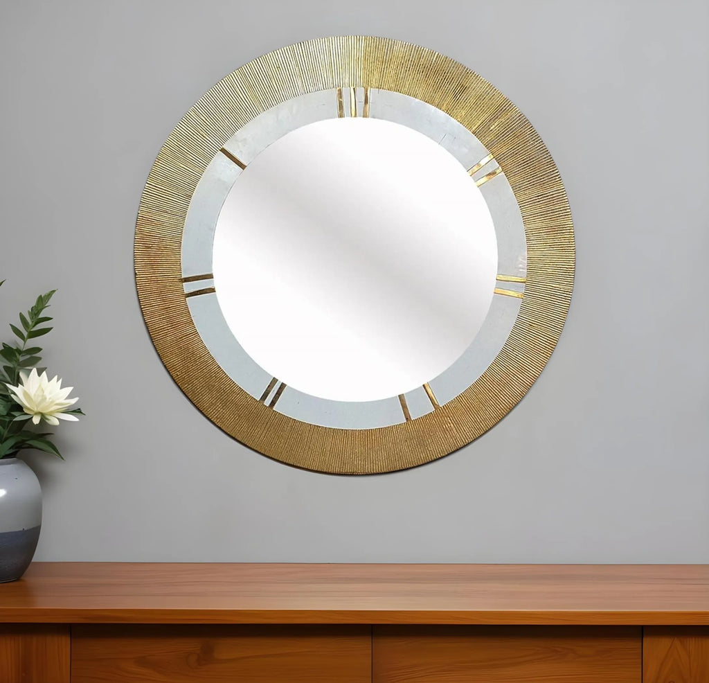 36″ Gold and White Round Aluminum Ribbed Edge Framed Accent Mirror