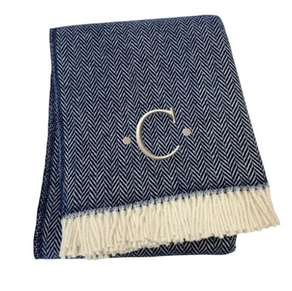 Herringbone Cotton Blend C Initial Throw Blanket with Tassels And Embroidery — view 3