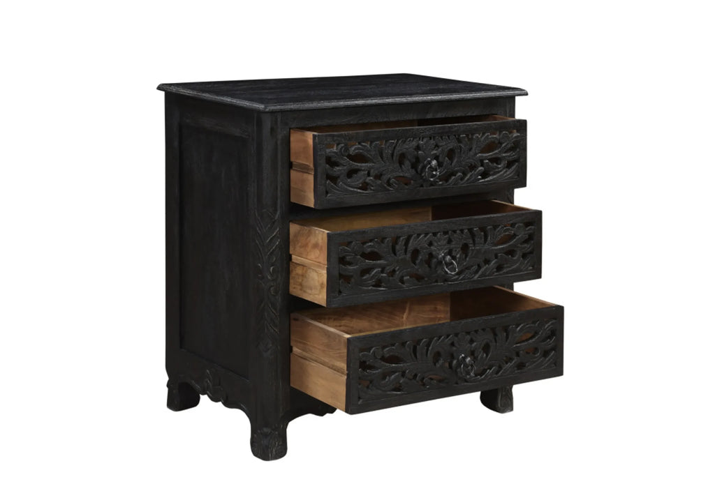 30″ Black Solid Wood Distressed Three Drawer Nightstand — view 3