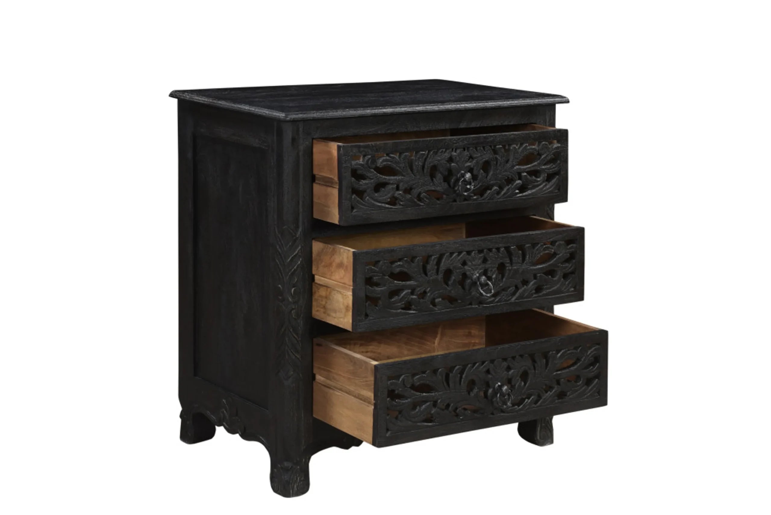 30″ Black Solid Wood Distressed Three Drawer Nightstand — view 3