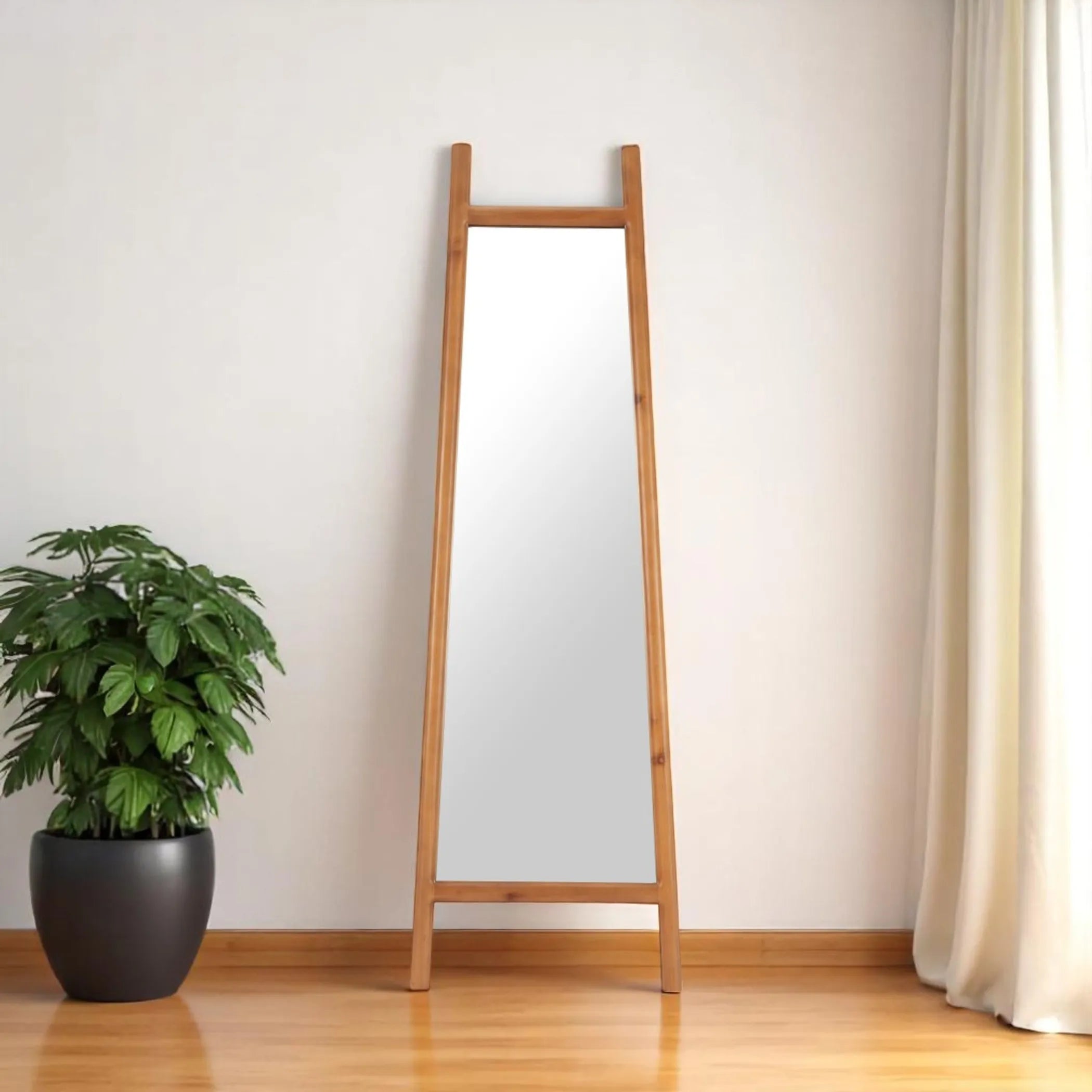 Wood Leaning Geometric Framed Standing Mirror — view 2
