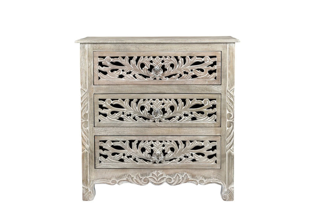30″ Distressed Gray Three Drawer Floral Carved Solid Wood Nightstand — view 2