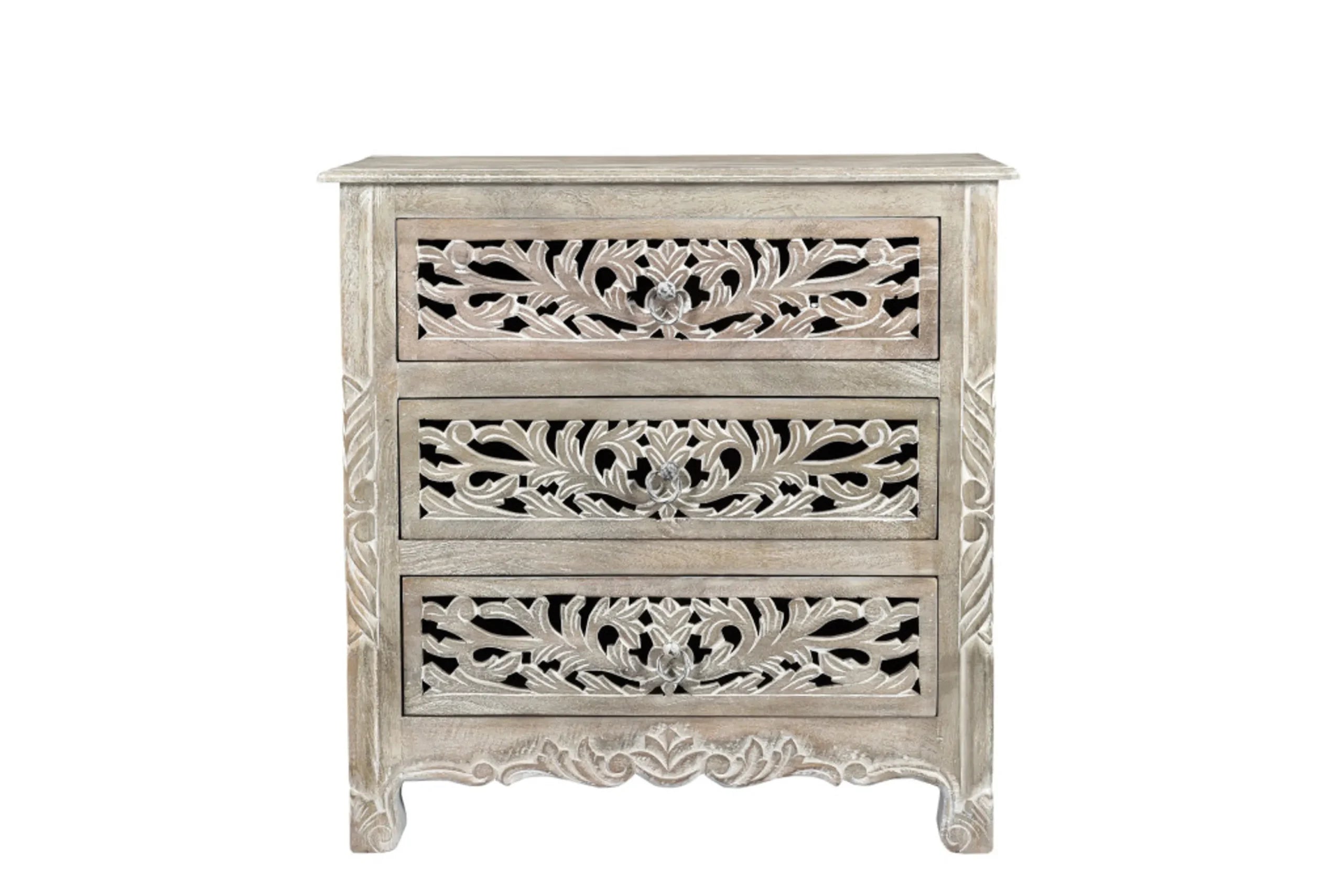 30″ Distressed Gray Three Drawer Floral Carved Solid Wood Nightstand — view 2