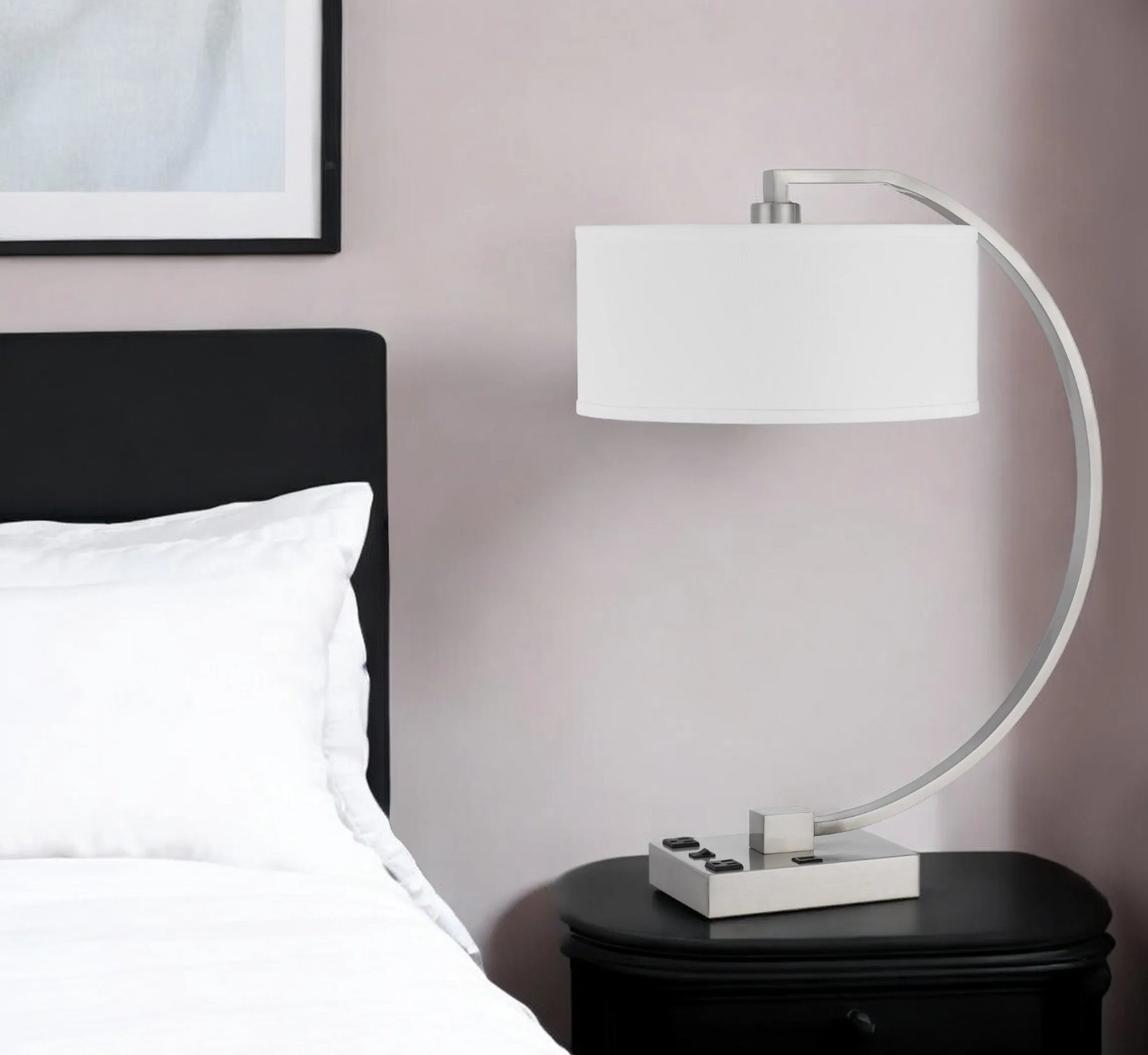 26″ Nickel Metal Lantern Desk USB Table Lamp With White Shade