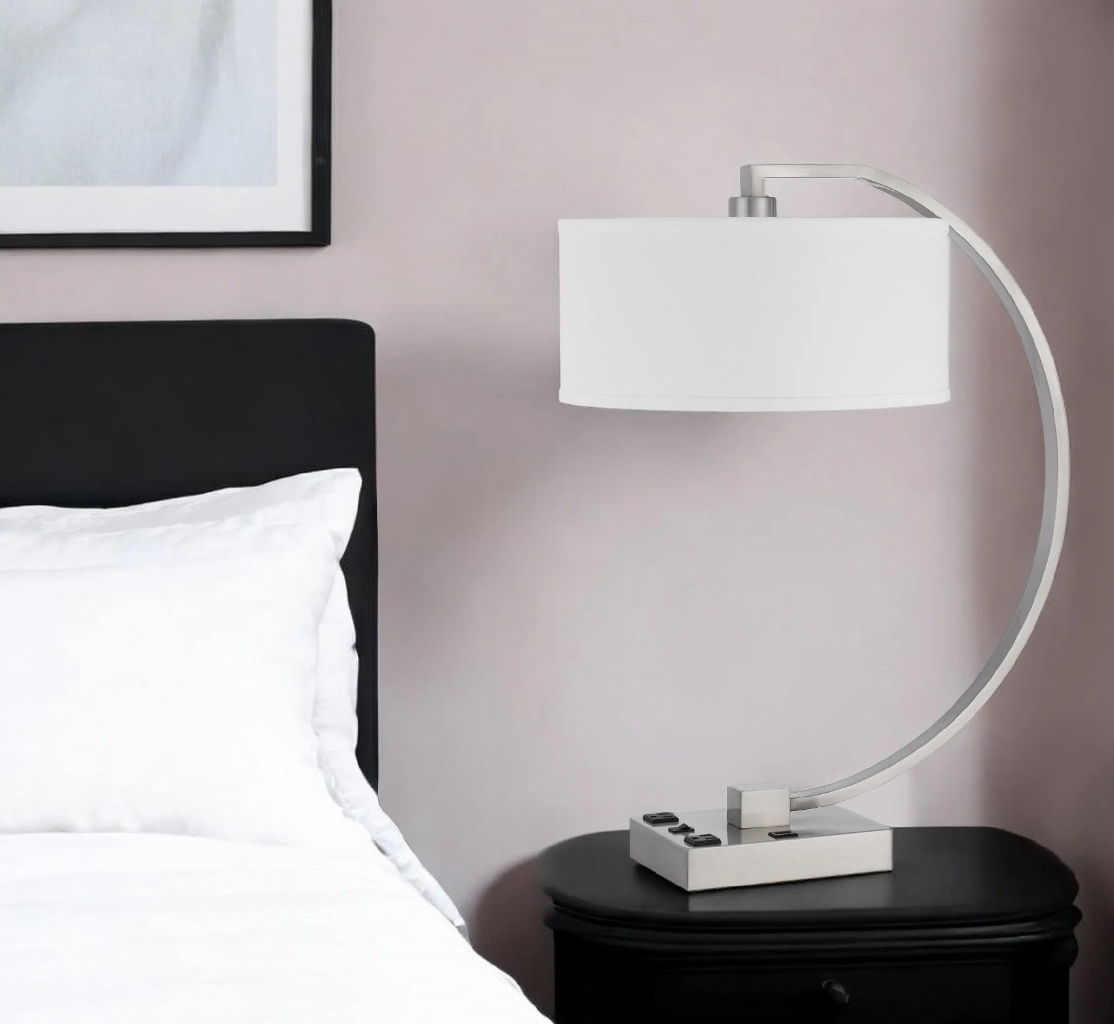 26″ Nickel Metal Lantern Desk USB Table Lamp With White Shade