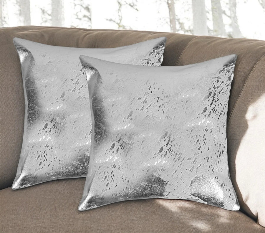 Set of Two 18″ Gray and Silver Abstract Cowhide Throw Pillows with Glitter