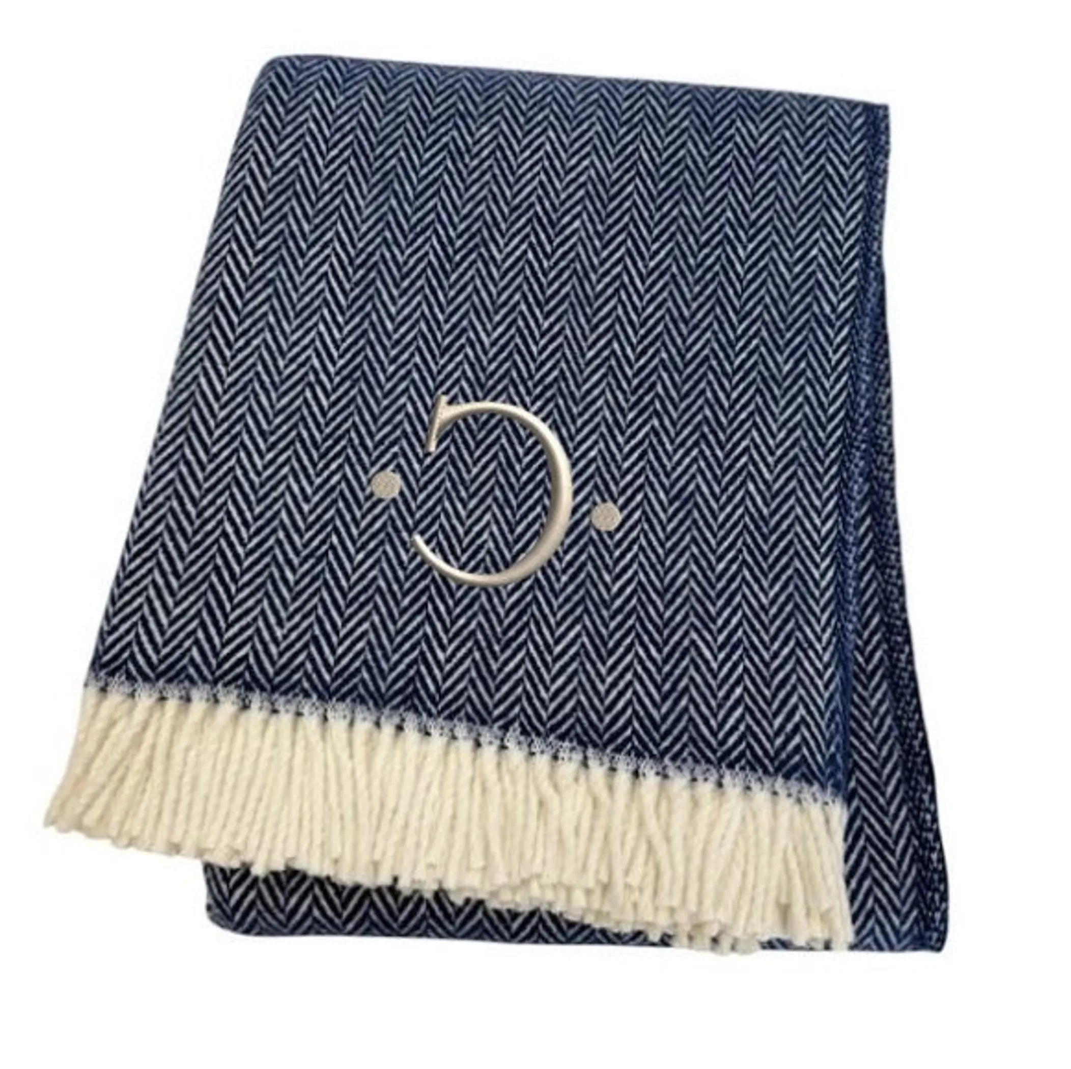 Herringbone Cotton Blend C Initial Throw Blanket with Tassels And Embroidery — view 4