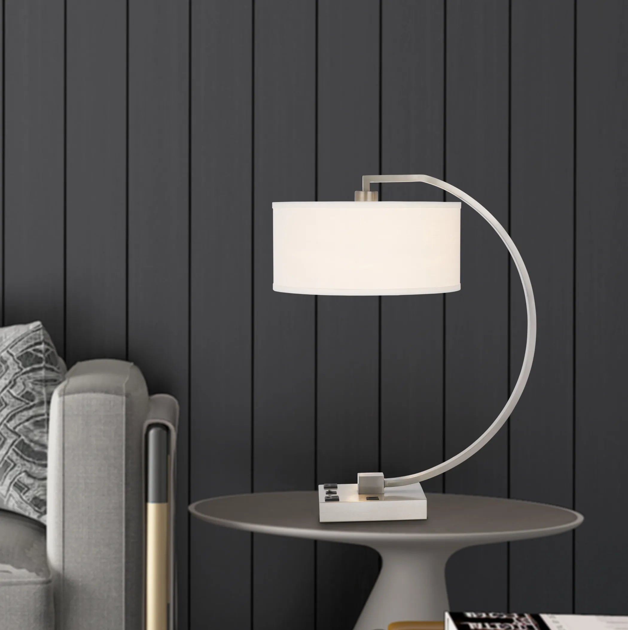 26″ Nickel Metal Lantern Desk USB Table Lamp With White Shade — view 4