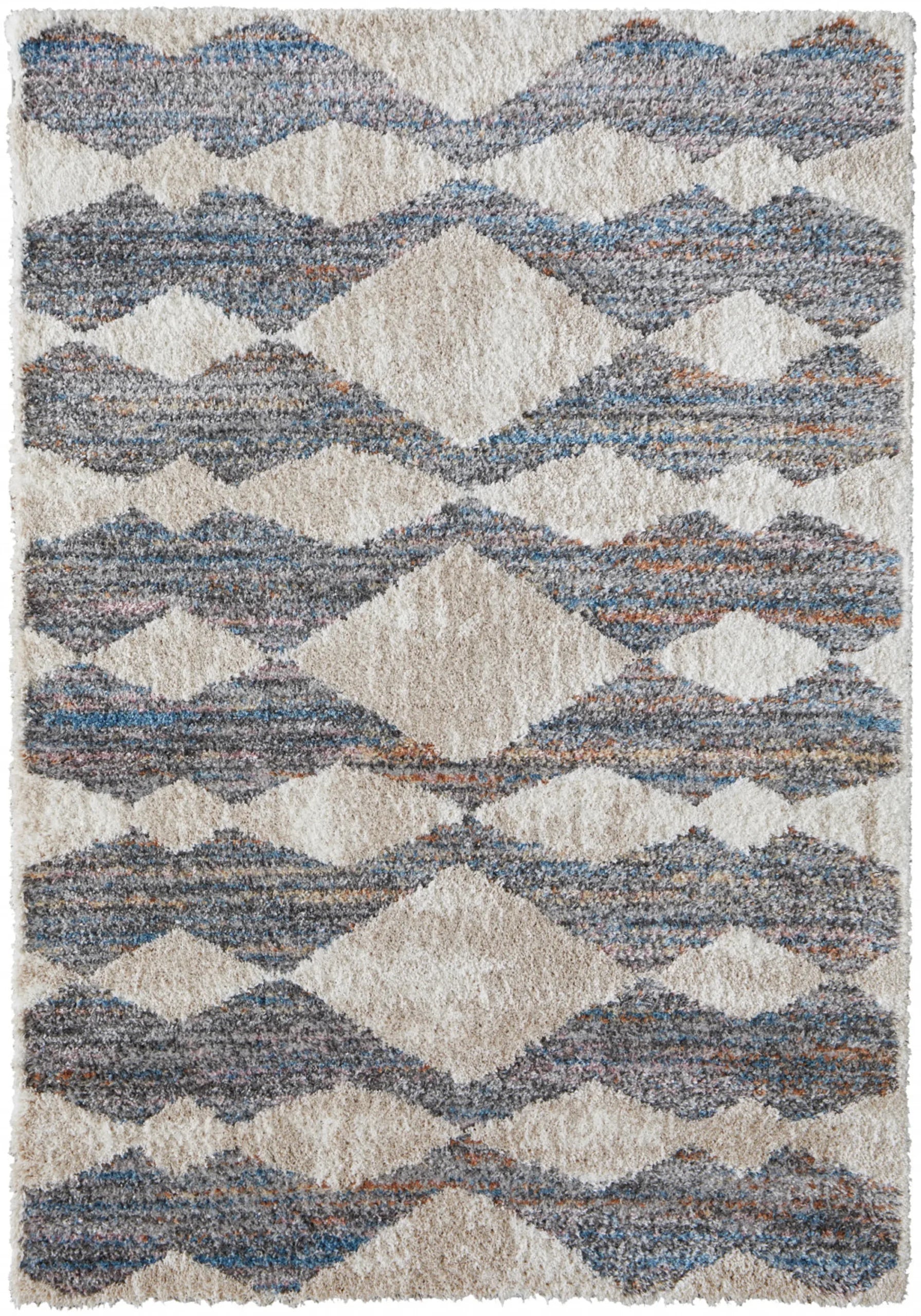 5′ X 8′ Tan Ivory And Blue Chevron Power Loom Stain Resistant Area Rug
