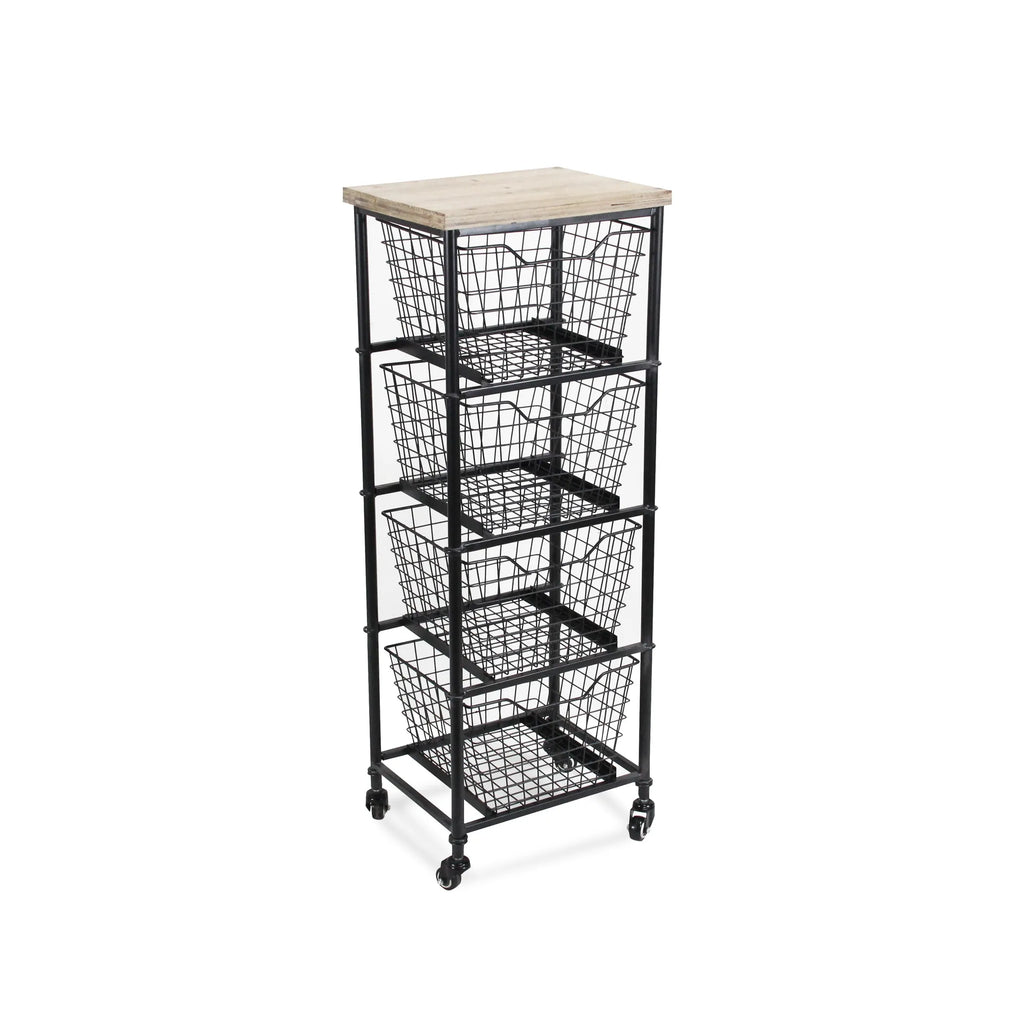 41″ Black And Natural Metal And Wood Basket Storage Rolling Cabinet — view 3