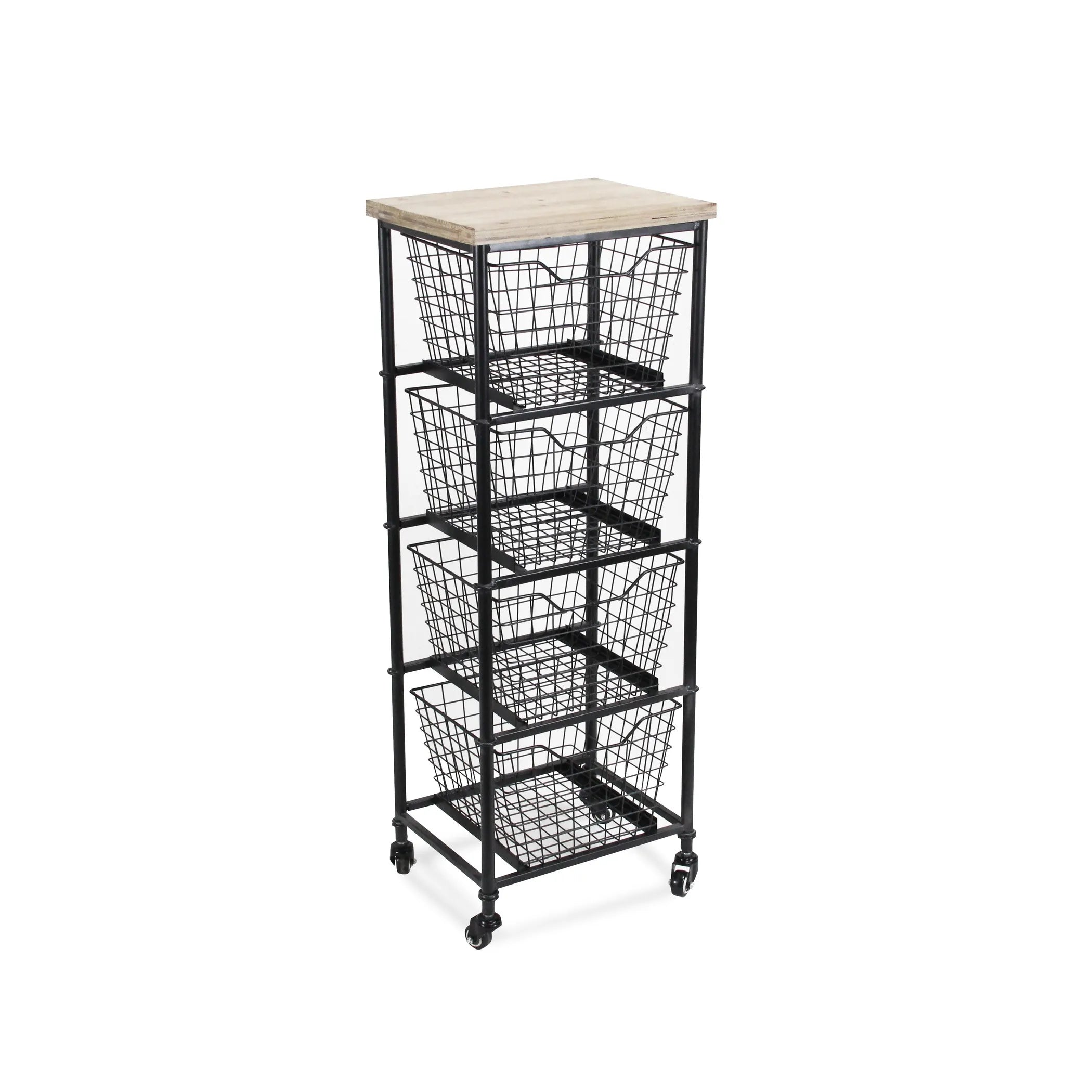 41″ Black And Natural Metal And Wood Basket Storage Rolling Cabinet — view 3