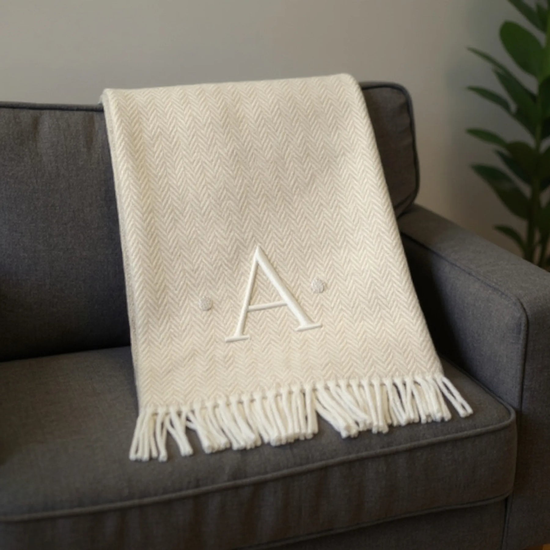 Herringbone Cotton Blend A Initial Throw Blanket with Tassels And Embroidery — view 2