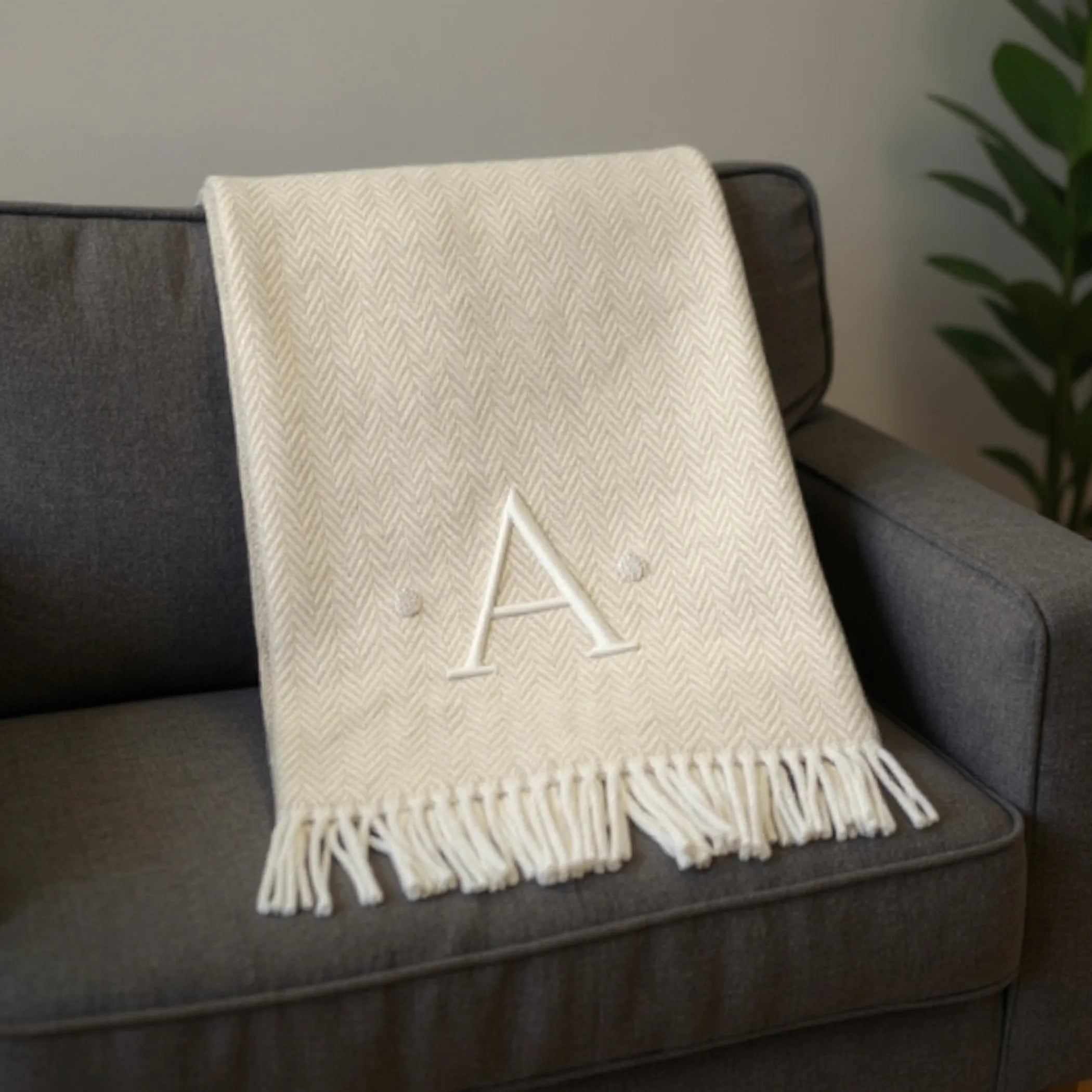 Herringbone Cotton Blend A Initial Throw Blanket with Tassels And Embroidery — view 2