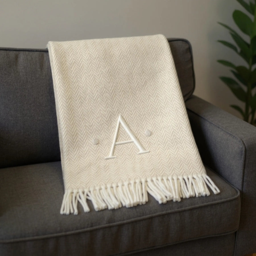 Herringbone Cotton Blend A Initial Throw Blanket with Tassels And Embroidery — view 2