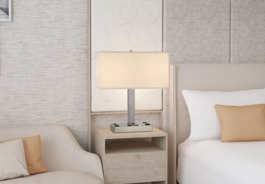 21″ Nickel Metal Two Light Desk USB Table Lamp With White Shade — view 4