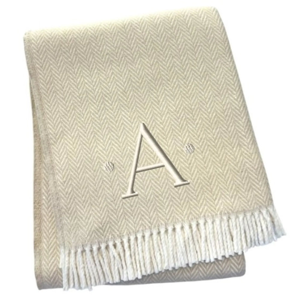Herringbone Cotton Blend A Initial Throw Blanket with Tassels And Embroidery — view 3