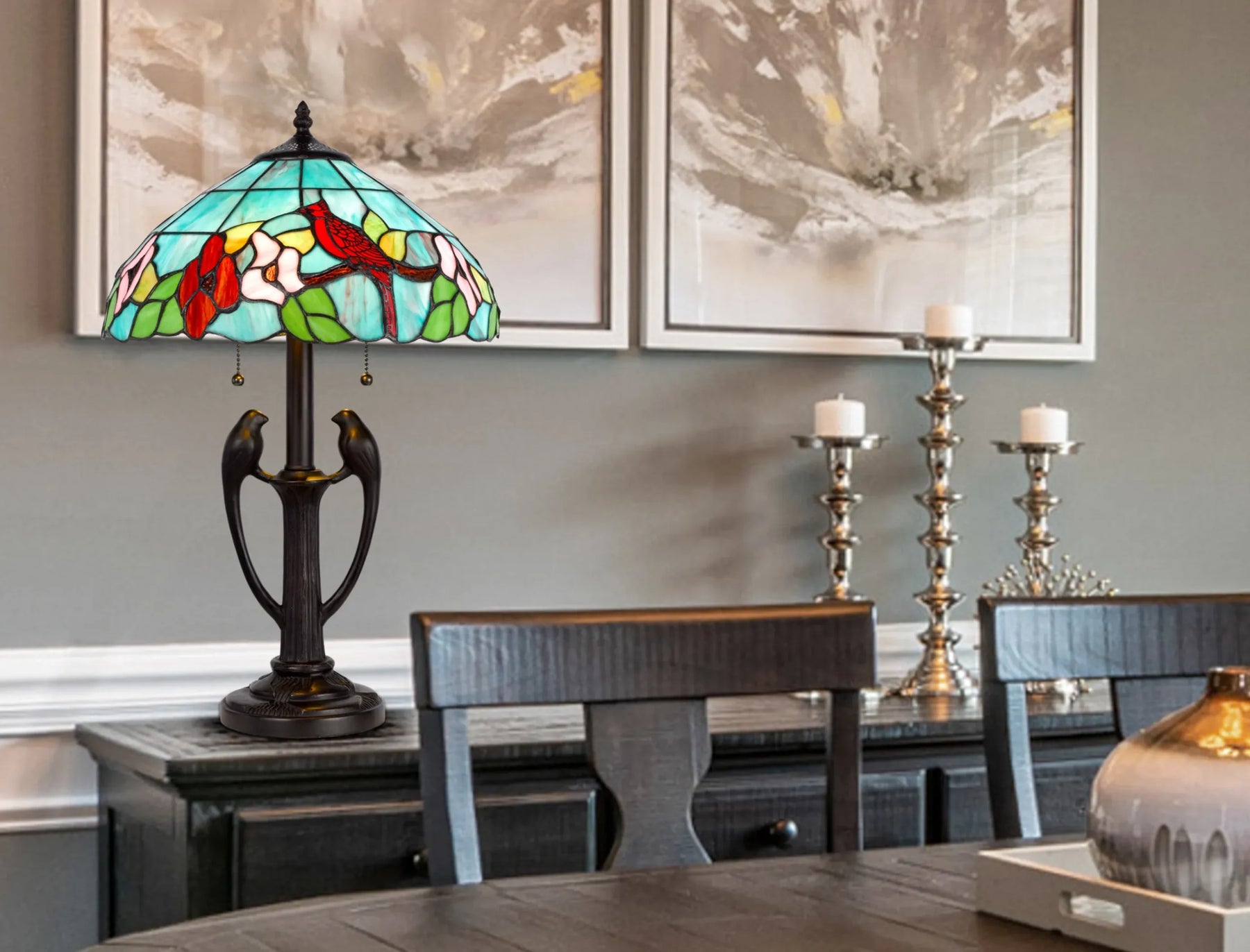 22″ Bronze Two Light Tiffany Table Lamp With Aqua and Red Floral Shade — view 4