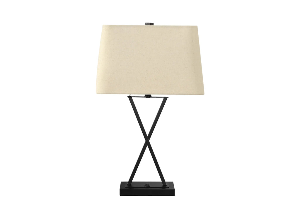 25″ Black Metal Geometric USB Table Lamp With Beige Shade