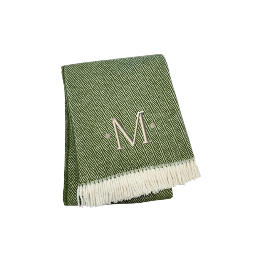 Herringbone Cotton Blend M Initial Throw Blanket with Tassels And Embroidery