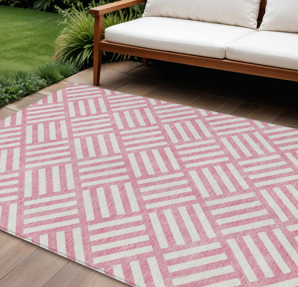 9′ X 12′ Pink And Ivory Geometric Washable Indoor Outdoor Area Rug