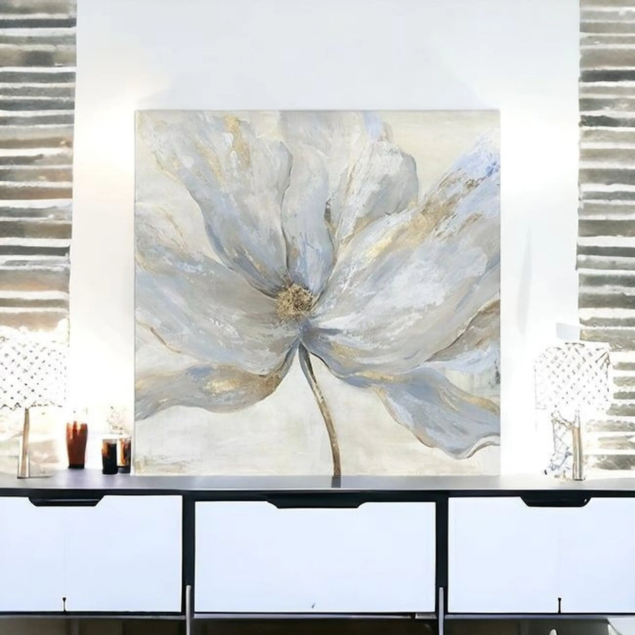 Soft Blue And Grey Flower With Gold Details Unframed Print Wall Art — view 2