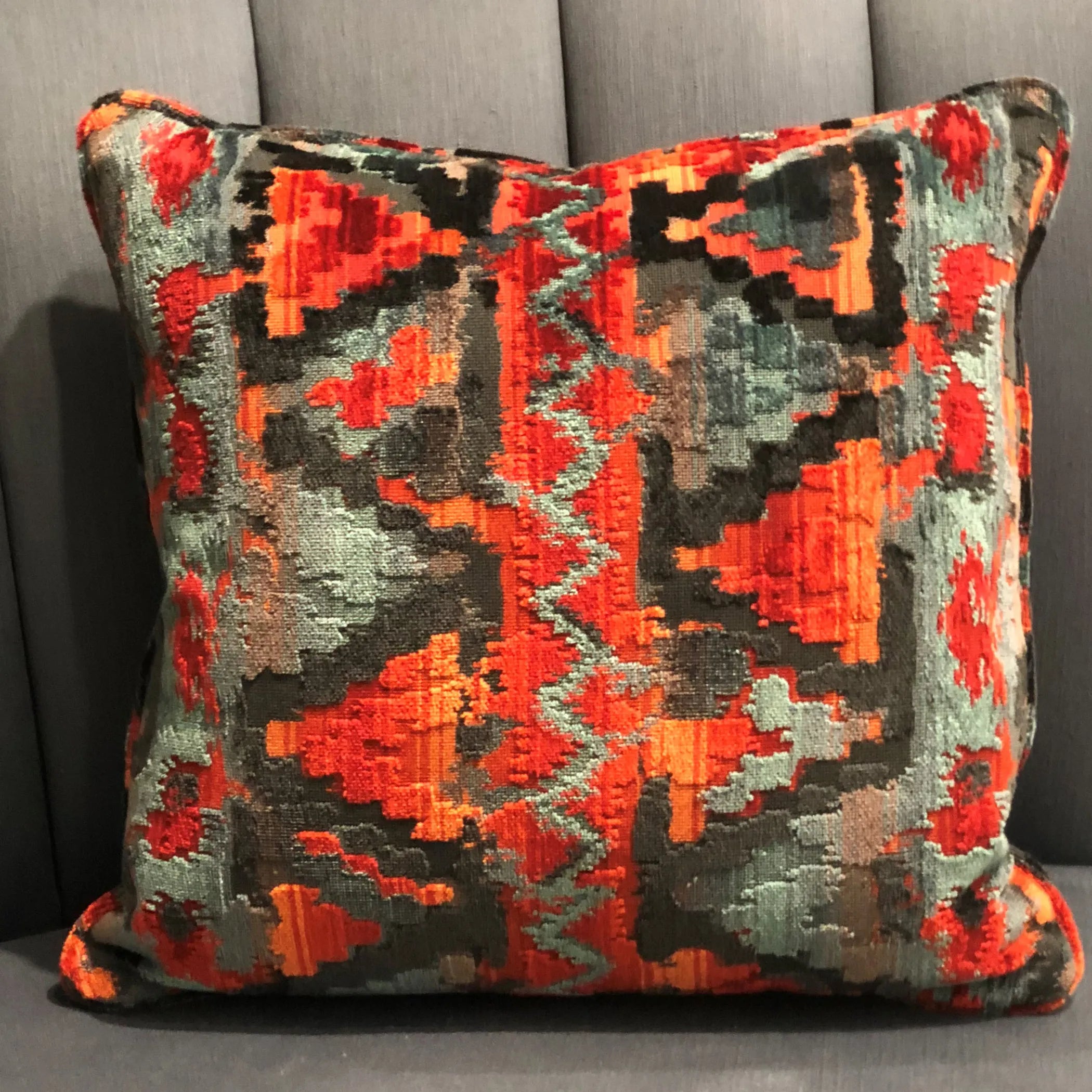 Plutus Sachi Love Red, Blue and Orange iKat Luxury Throw Pillow — view 2