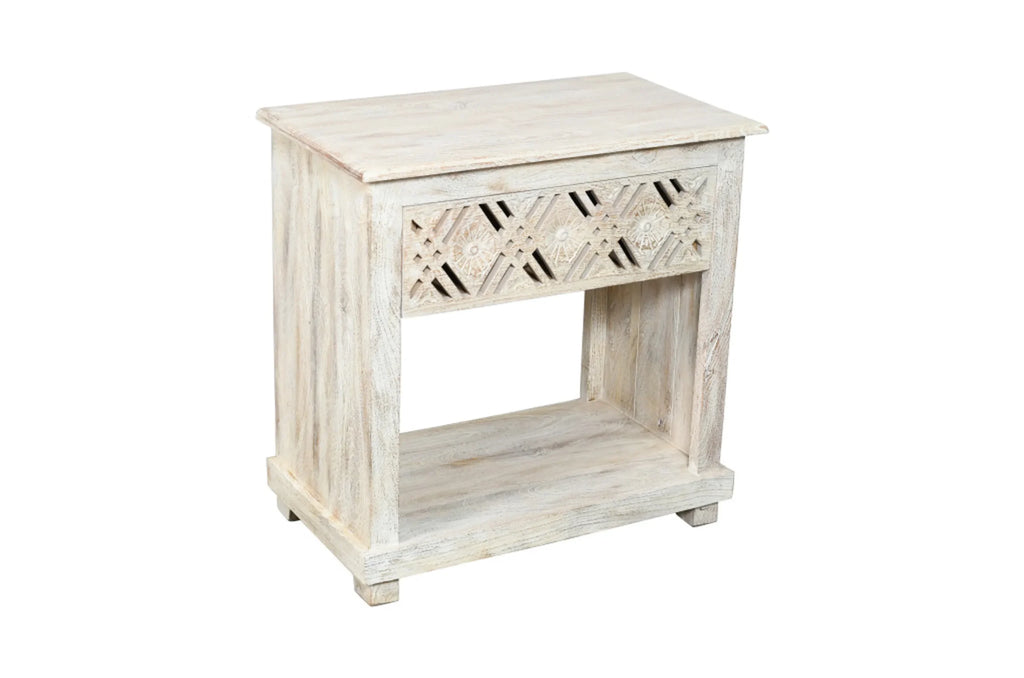28″ White Distressed Carved Geometric Solid Wood Nightstand — view 3