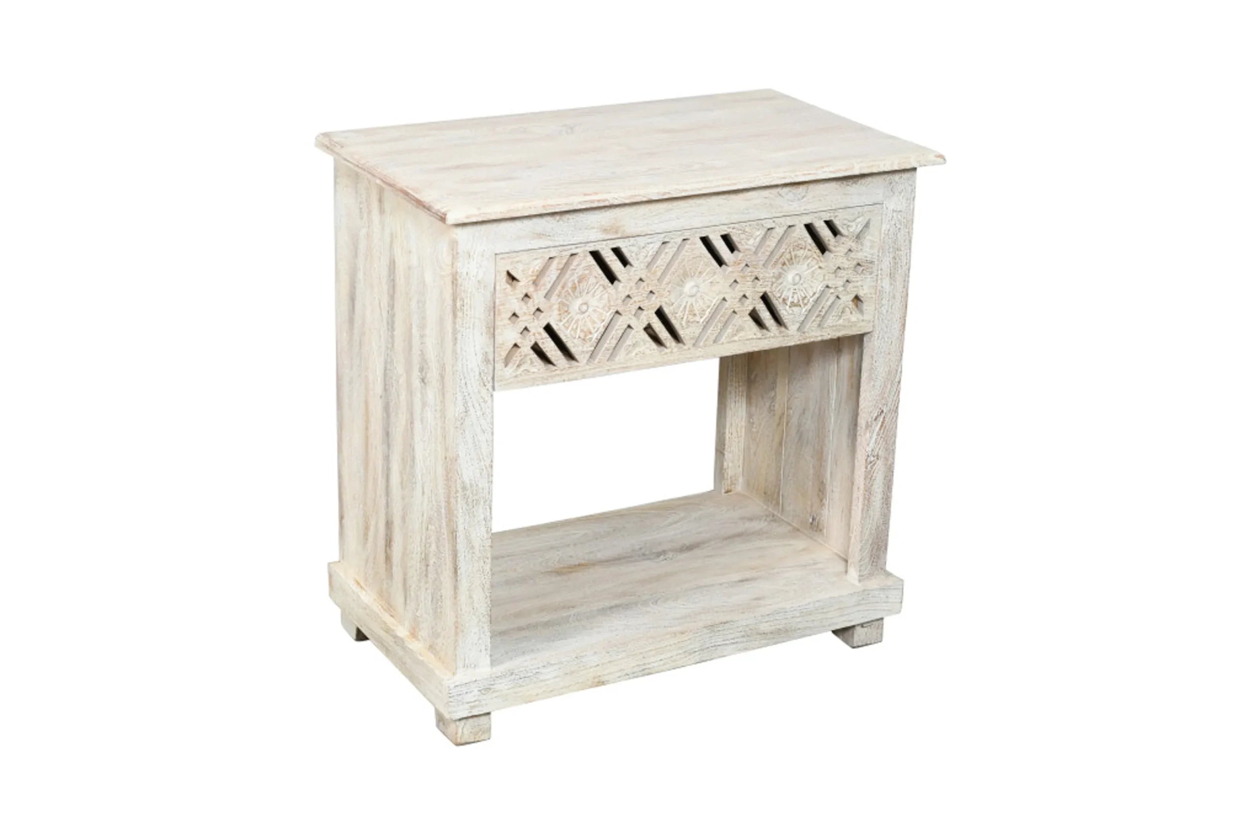 28″ White Distressed Carved Geometric Solid Wood Nightstand — view 3